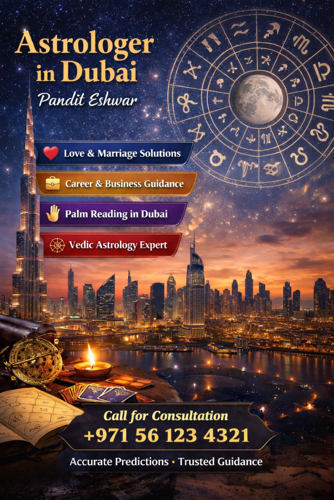 Best Astrologer in Dubai consultations based on ancient Indian Jyotish Shastra. Vedic astrology is a time-tested system that studies planetary positions at the exact time of birth to understand life patterns, strengths, and challenges. By analyzing your date, time, and place of birth, a detailed birth chart (Kundli) is prepared. Best Astrologer in Dubai becomes the foundation for accurate predictions related to career, marriage, finance, health, and family matters. Relationship challenges are common in today’s busy lifestyle. Misunderstandings, emotional distance, compatibility issues, and delays in marriage can create stress and confusion. Many people in Dubai consult Pandit Eshwar for love and marriage guidance. Trusted Astrologer in Dubai. Best astrologer in Dubai Pandit Eshwar offers Astrology reading in Dubai for love and marriage, career. Contact us for astrologer in Dubai.