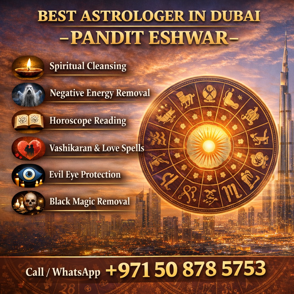 Spirit Remove in Dubai – Guidance by Pandit Eshwar In a fast-growing city like Dubai, people from different cultures and beliefs sometimes face emotional or unexplained disturbances in their lives. Many individuals believe that negative spiritual influences can affect their peace, relationships, career growth, and overall happiness. When such situations arise, people often look for trusted spiritual guidance to restore balance and positivity in their lives. Pandit Eshwar is known for providing traditional astrology guidance and helping individuals find solutions through ancient spiritual knowledge and rituals that focus on harmony and positivity. Pandit Eshwar offers guidance to people who feel disturbed by unexplained fear, negative thoughts, or unusual life obstacles. Through deep understanding of Vedic astrology and spiritual practices, he helps individuals understand the root causes of their problems and provides appropriate remedies. His approach focuses on positive energy, prayer rituals, and spiritual guidance that aim to bring mental peace and stability. Many people seek his help when they feel their life is facing continuous challenges or negative influences that seem difficult to overcome through normal means.