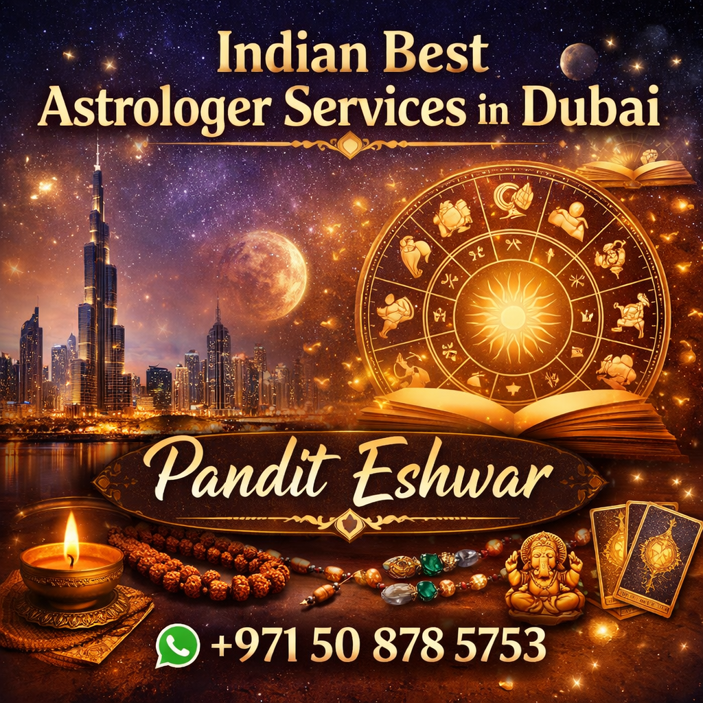 Pandit Eshwar has become one of the most recommended astrologers for people living in Dubai — known for: ✨ Accurate Birth Chart Analysis ✨ Personalized Remedies for Real Problems ✨ Friendly & Honest Consultations ✨ Solutions for Career, Love, Wealth & Health ✨ Years of Experience in Vedic Astrology He listens carefully to your issues, studies your birth chart (Janam Kundli), and offers long-term solutions rather than temporary fixes. His approach blends traditional wisdom with modern insights, so you get practical answers and confidence to move forward.