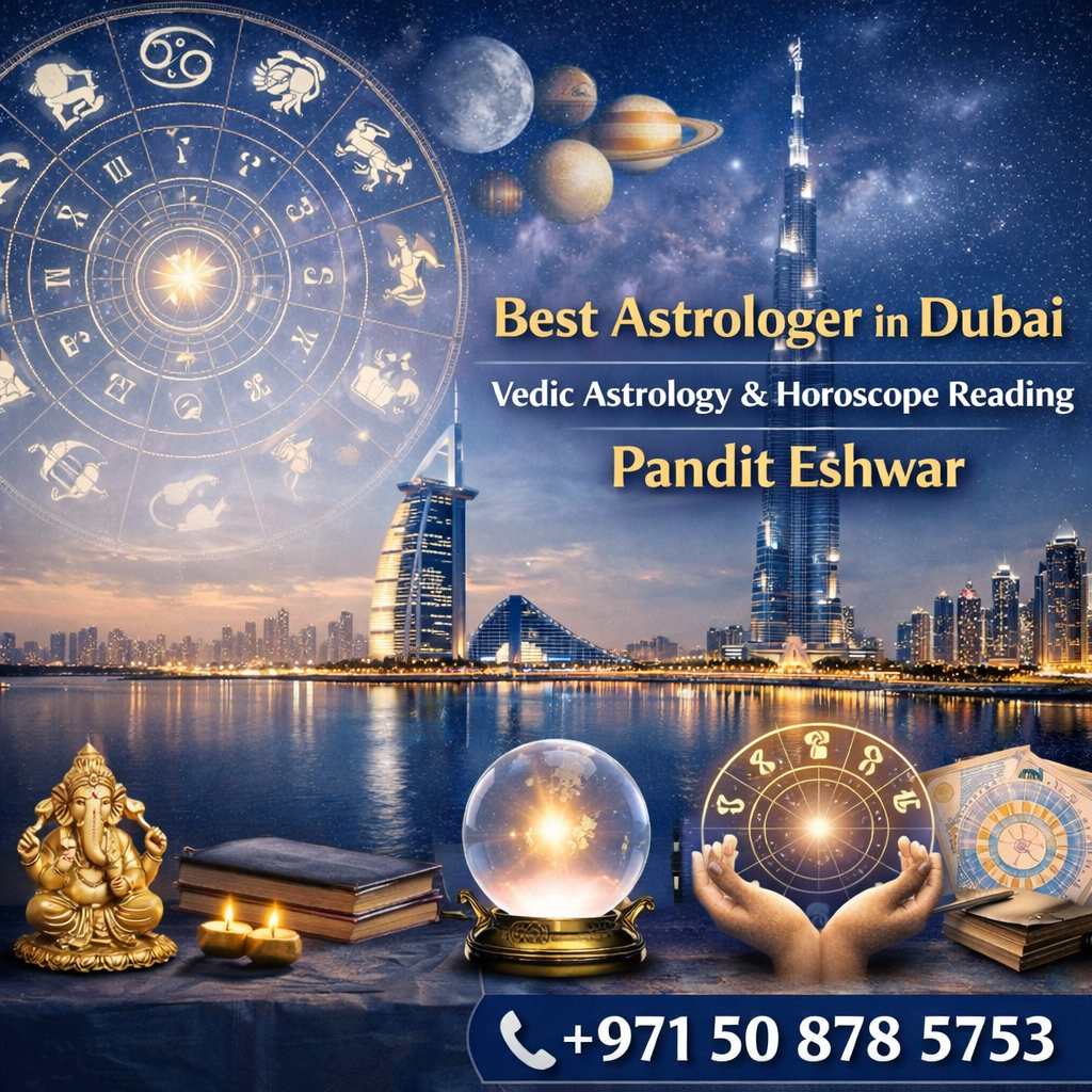 Why People in Dubai Choose Pandit Eshwar Many people across Dubai trust Pandit Eshwar because of his sincere approach and deep knowledge of astrology. His consultations focus on understanding each person’s unique situation and providing guidance that helps them move toward a better future. Clients appreciate his clear explanations, respectful communication, and supportive guidance. Over the years, he has helped many individuals overcome confusion, strengthen relationships, and make better life decisions through astrology. If you are looking for a reliable Astrologer in Dubai, a knowledgeable Vedic Astrologer in Dubai, or accurate Horoscope Reading in Dubai, Pandit Eshwar offers trusted astrology consultations that provide clarity and confidence for your life journey. Pandit Eshwar – Astrologer in Dubai 📞 +971 50 878 5753